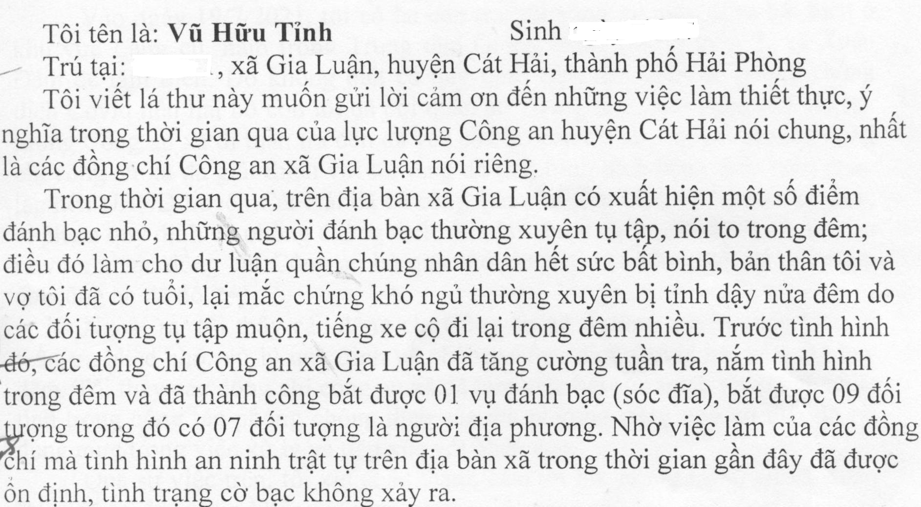 Ông Vũ Hữu Tỉnh ở huyện Cát Hải gửi thư cảm ơn